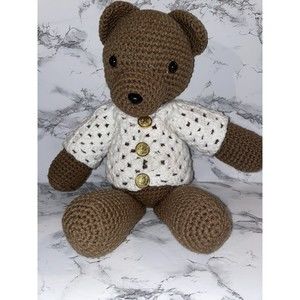Military Handmade Crochet Brown Teddy Bear Stuff Toy white sweater US Army 17"